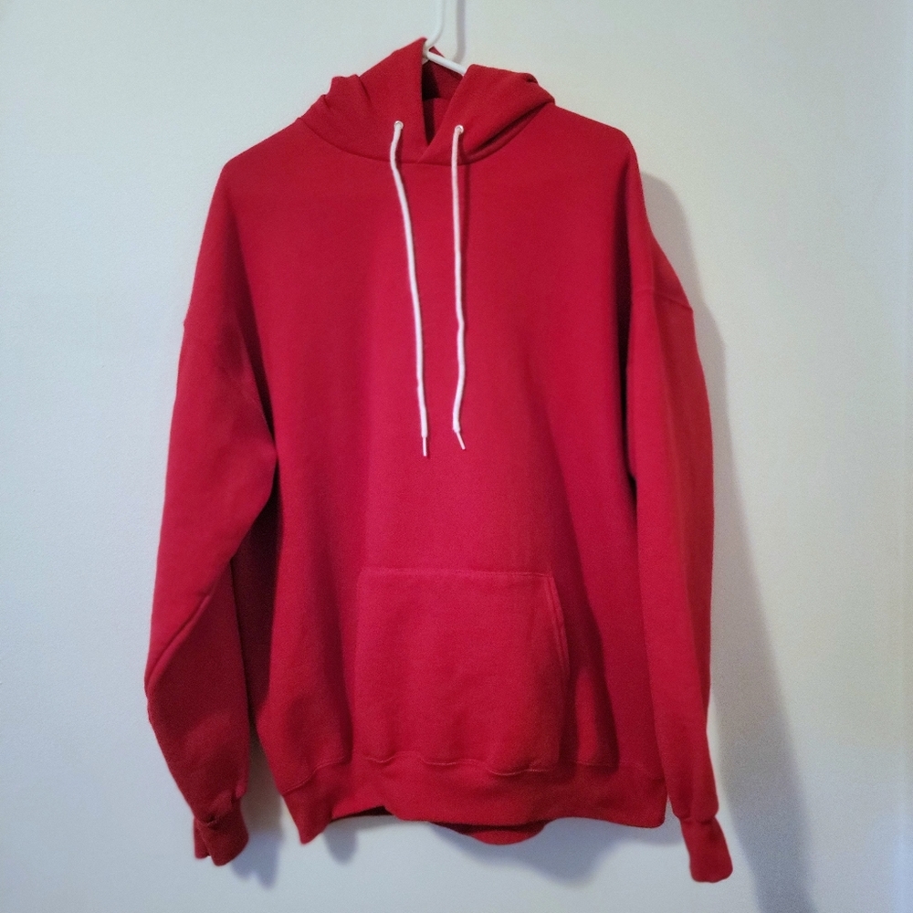Vintage 90s Red Champion hoodie with white drawstrings